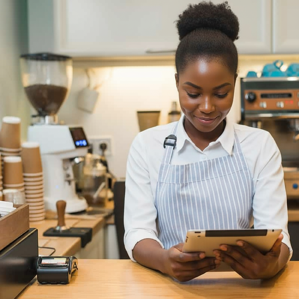 Woman using Edge POS tablet